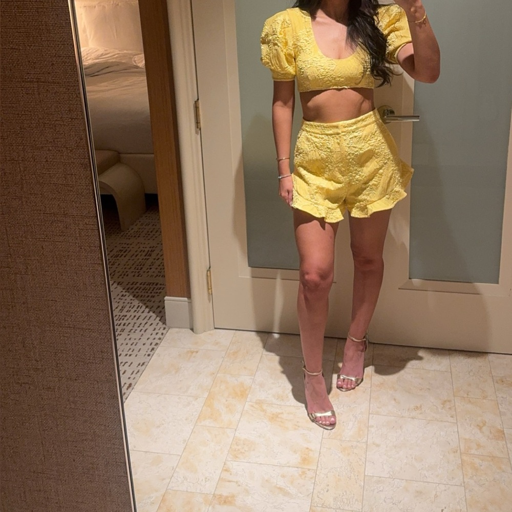 Camila Coelho Yellow Lace Mini Skirt with Ruffle Hem